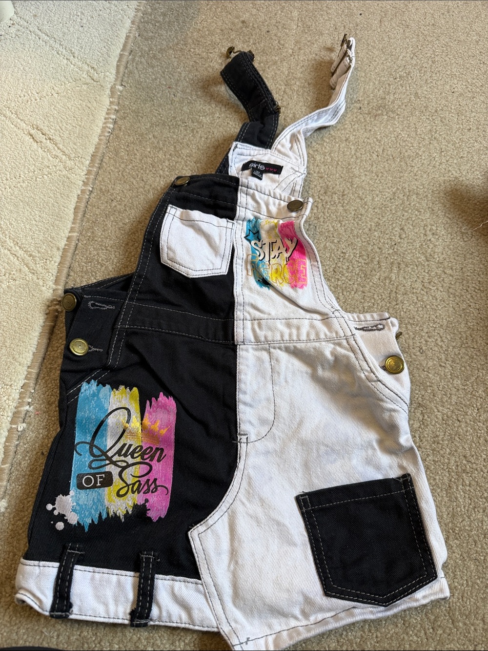 Two-Tone Black & White Painted Overalls - 'Queen of Sass' Print